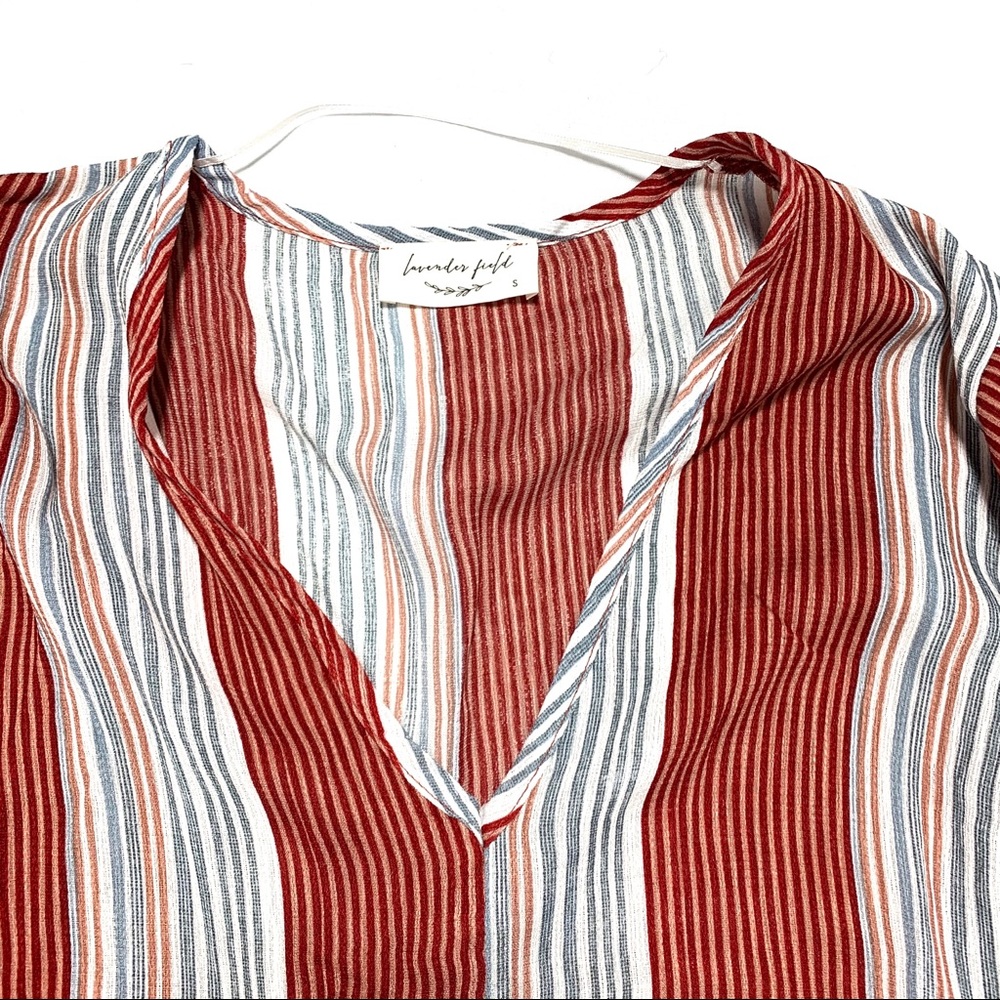 Lavender Field V-neck Striped Top Bell Sleeves - Picture 2 of 11